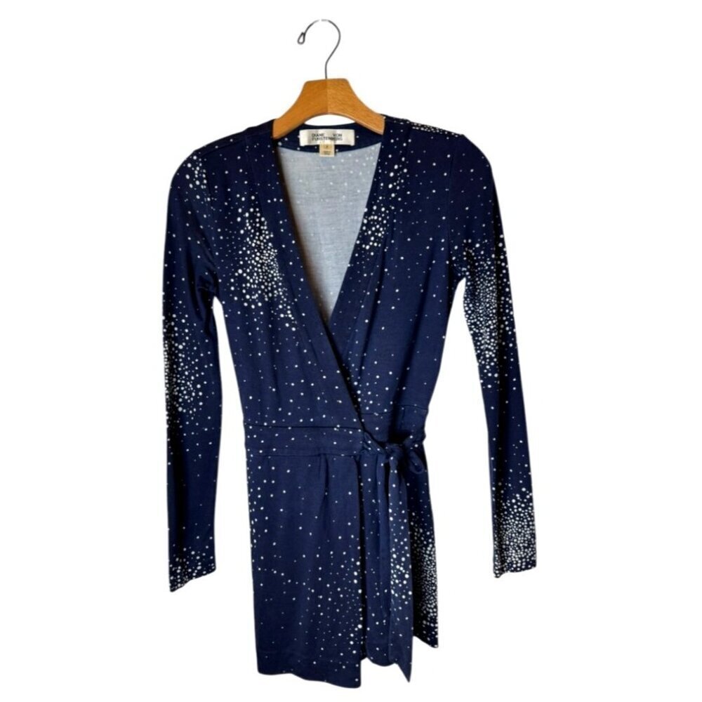 Diane Von Furstenberg Romper Women 2 Navy‎ Blue White Silk Polka Dot V Neck Wrap